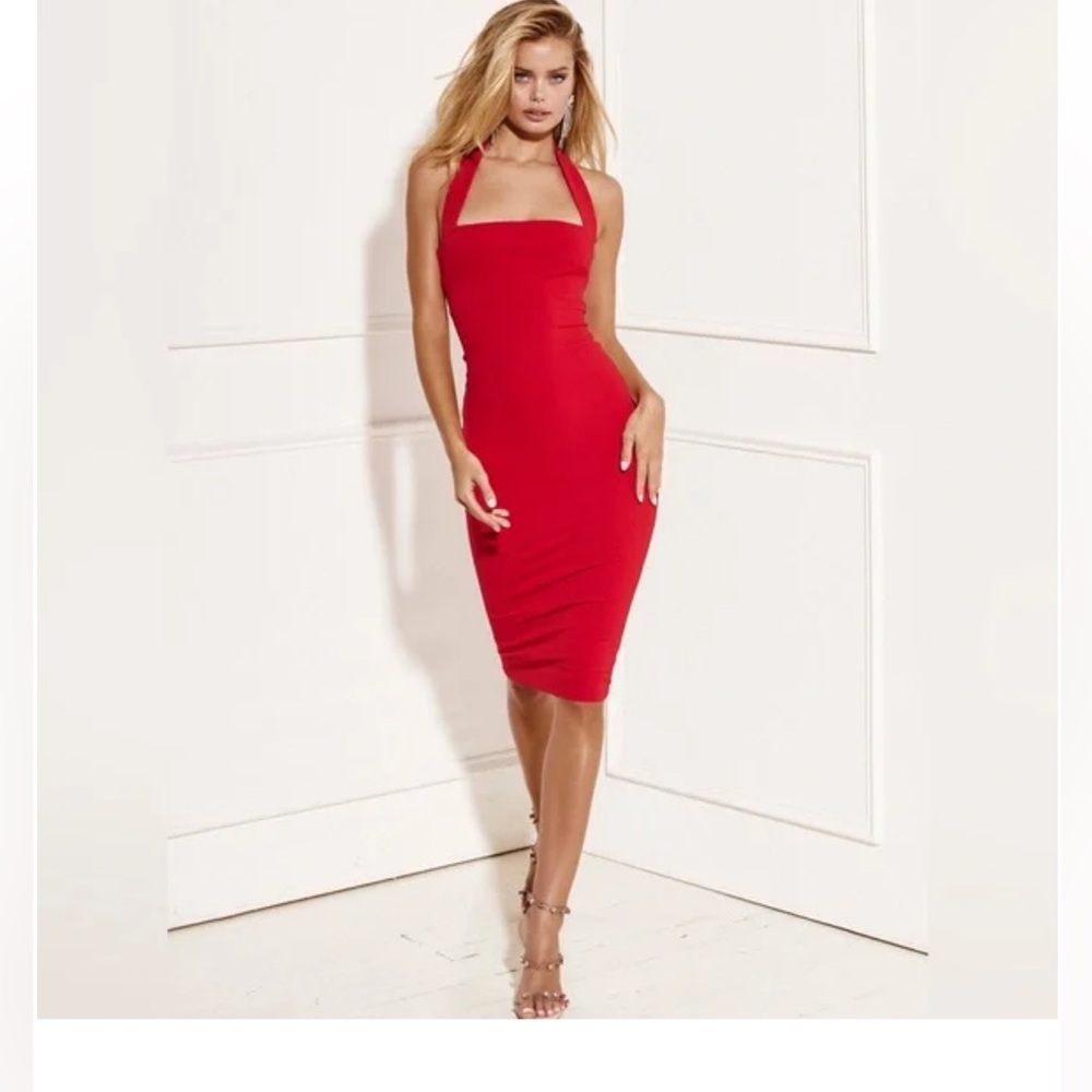 Nookie Boulevard  Midi Halter Bodycon Knee Length Red Date Night Dress Medium